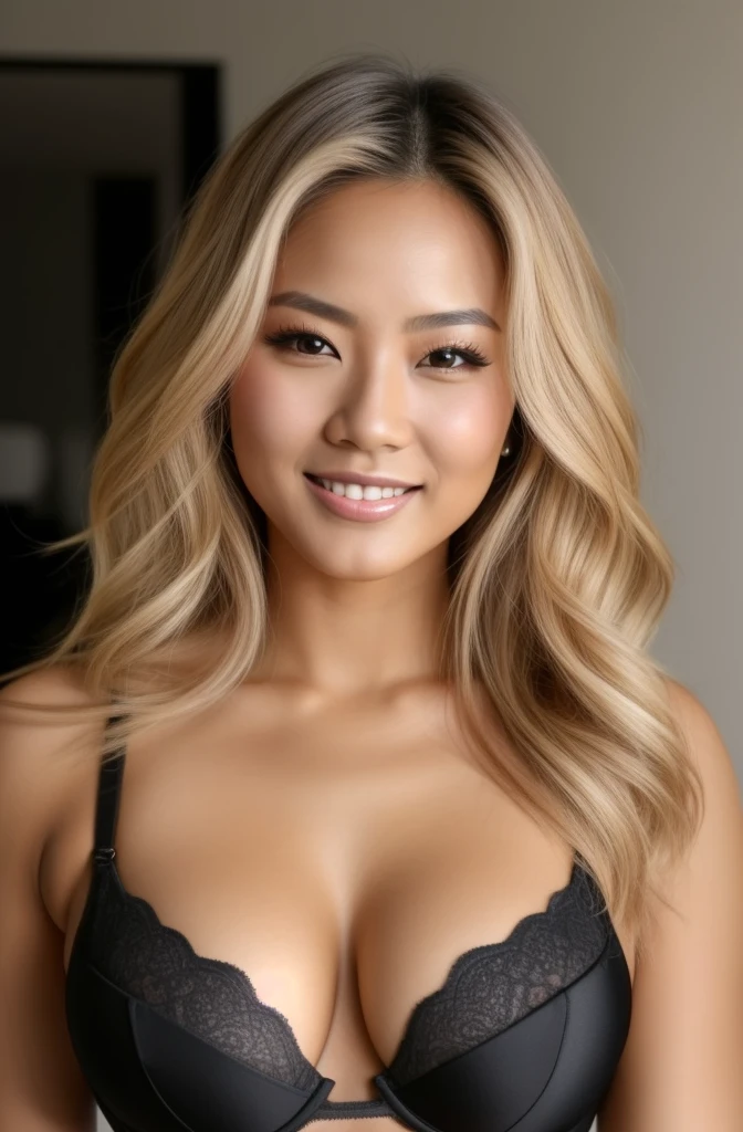 Japanese woman in black bra top posing for a photo in a studio, mulher japonesa, mulher loira, Japanese and attractive features, ljaponesa mulher jovem bonita, japonesa bonita, uma japonesa linda, sexy com cabelo loiro longo, mulher japonesa nova, longos cabelos loiros e olhos grandes, modelo feminino bonito, cabelos loiros e olhos grandes, sorrindo, sentada na cama, calcinha preta pequena, corpo todo, saarada, numa academia