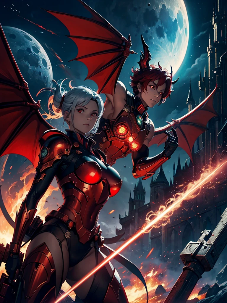 mechanized  red dragon, holding beam sword, magic circle, mechanical red wings, science fiction, looking up, high resolution, masterpiece, best quality, ultra detailed, super fine illustration, red laser cannon on shoulder, no humans, shooting, straight-on, missile pod on waist, dynamic, red eye, moon over the castle,