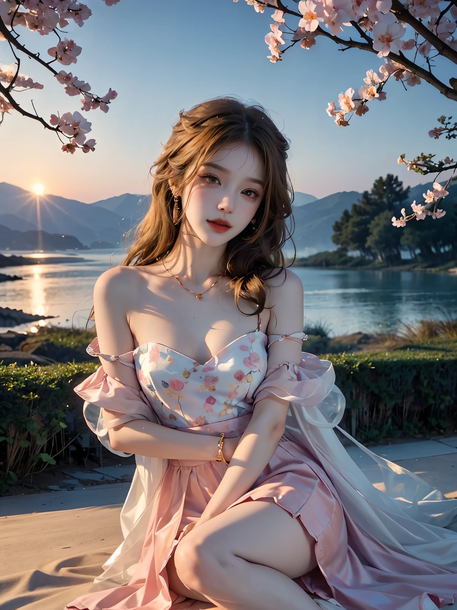 Masterpiece, Best quality, high resolution, realistic , hyperrealism , lifelike photography ,2024s, , alluring beautiful full body shot, (curly blondish brunette long hair, blue cat-shaped eyes), white skin with freckles, beautiful short cut naughty dress with flower embroidery and details , beautiful golden necklaces & bracelets, elegant bearing, beautiful landscape background of a rose & lilac & orchid garden, high budget , beautiful mesmerizing face and small nose, long and curly sparkling hair , holding a beautiful orange stray cat , clivage , sunset , pink clouds , yellowish red rays at the horizon, elegant posing, beautiful legs, fit body, gorgeous Russian woman standing and naughty posing at the lagoon shores, back shot, side shot , front shot, blue lagoon , full body shot at the frame , naughty smile , deep cut chest style dress,(( very short skirt)) ,windy summer breeze , reasonable naked body parts, reasonable nudity , beautiful cats sitting around her ,