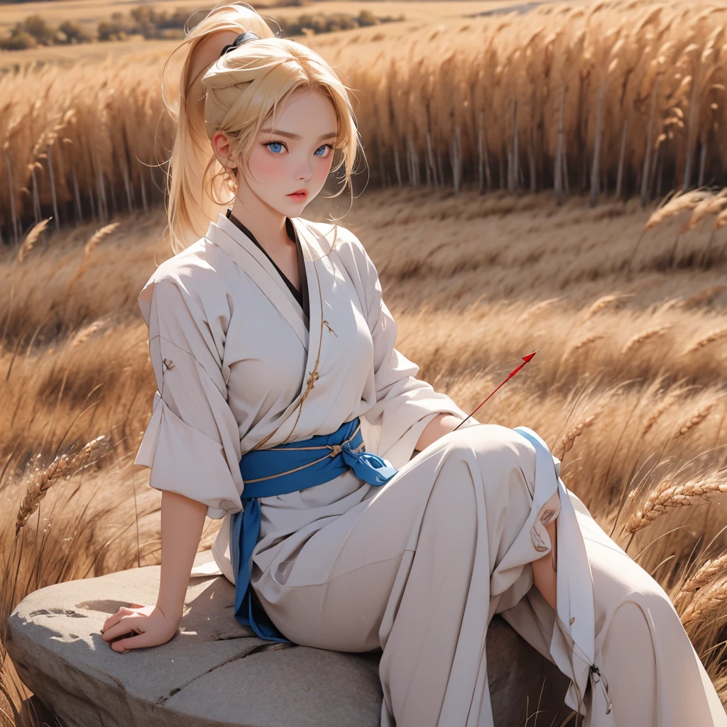 1girl, blonde ponytail, blue eyes, sexy traditional archery clothes, sitting on the rock, wide wheat field, angry face, 8K, Hi-Res