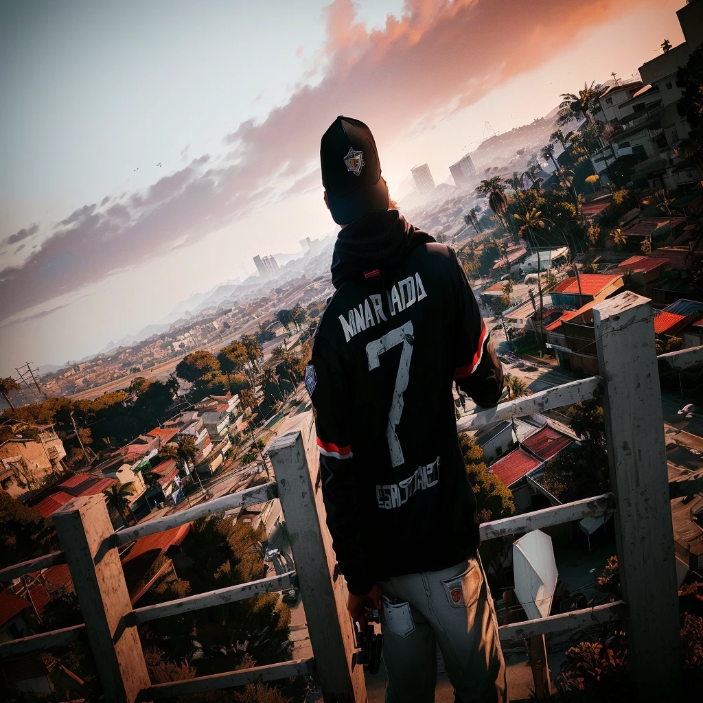 homem arafiado parado em uma varanda olhando para uma cidade, com uma cidade ao fundo, retrato de jerma985, retrato no meio da foto, Nick Silva, personagem gta, como o protagonista do gta 5, personagem gta v, Futuro Miramar, como um personagem do GTAV, parece Jerma985, estilo de rua gta v