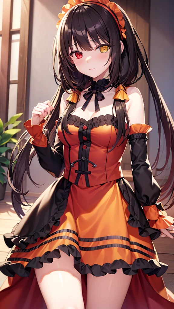 8k,Super Detailed Game CG, (High resolution:1.1),(Absurd:1.1), Highest quality, 超High resolution, 最High resolution, Very detailed, One Girl, KurumiBase, (Clock Eye), Heterochromia iridis, (Red eyes:1.2), (Yellow Eyes:1.5), (((Long twin tails))), hair band, Red dress, Frills, Removable sleeves, Frillsチョーク, Show Viewer, alone, Pretending to be embarrassed, Upload to TikTok