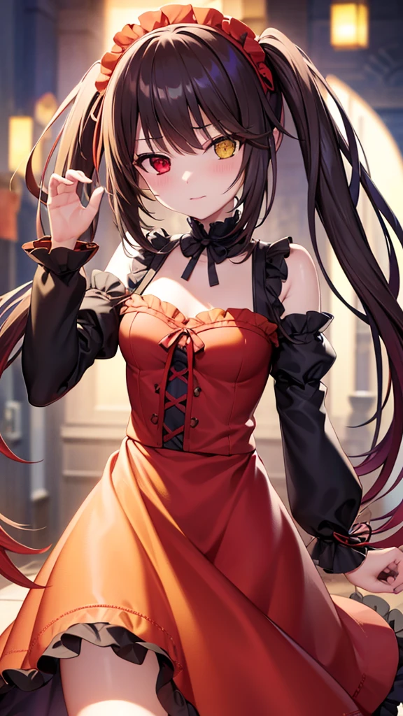 8k,Super Detailed Game CG, (High resolution:1.1),(Absurd:1.1), highest quality, 超High resolution, 最High resolution, Very detailed, One Girl, KurumiBase, (Clock Eye), Heterochromia iridis, (Red eyes:1.2), (Yellow Eyes:1.5), (((Long twin tails))), hair band, Red dress, Frills, Removable sleeves, Frillsチョーク, Show Viewer, alone, Pretending to be embarrassed, Upload to TikTok