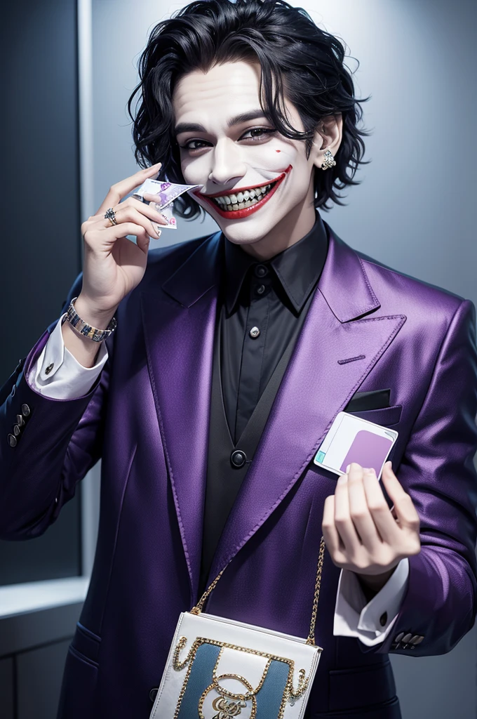 Joker with diamond accessories, smiling with diamond teeth and holding a bag of money in his hands, along with credit cards.