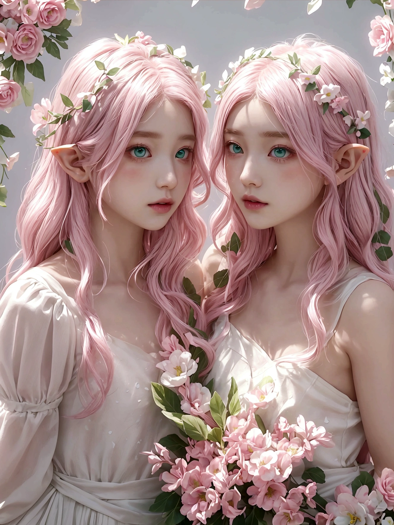 Dramatic、Elf、Light pink hair, Light green eyes, Pink and white, Laurel wreath、twins、 Vibrant colors, White Dress, Paint Splash, Floral Background, Ray Tracing, Wavy Hair