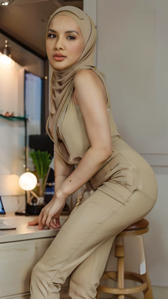 Maria ozawa, 25 years old, light khaki hijab, pale skin, skinny, cleavage, openlegs, tight pant, stool, teasing, hand on head, sleeveless, luxury dress, view from side back, office, late night