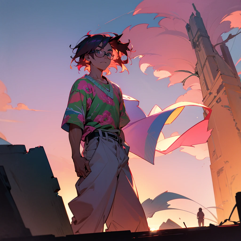 1male, adult, finely detailed navajo eyes, wild short hair, rose quartz hair color, hawaii shirt, casual pants, standing on ruined building, night time, somber expression, muscular, scars, glasses