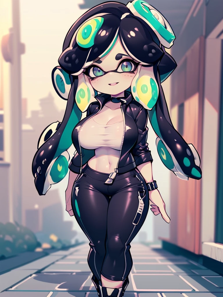 (Masterpiece, Hyper detailed, Best quality, UHD, Ultra high resolution,16K), (((3D))), (((Anatomically correct))), (Splatoon style), Aria_Wintermint_(Parororo), (:D expression), (Random poses), 1female, Mature, (Bg breasts), Perfectly round breasts, (revealng fully unziped leather jacket showing clevage, black rocker pants:1.5), ((Black choker)), (Shiny skin, Wet Skin, water dripping off skin, fair skin, Soft skin), Voluptuous, Sexy, Curvy waist, Wide hips, (Teal eyes, Hyper detailed eyes, Shiny eyes, Pieeyes, ultra-intricate pupil in eyes, Round eyes, One eye covered by hair, Longeyelashes:1.5), (Freckles, freckles on chest:1.3), Long elf ears, (Splatoon style hair, Black hair, Long very straight hair:1.5), (Glowing, Glimmering), (Simple shading, Thick lines, Blurred_background), ((walking down a sidewalk in Inkopolis)), AGGA_ST009