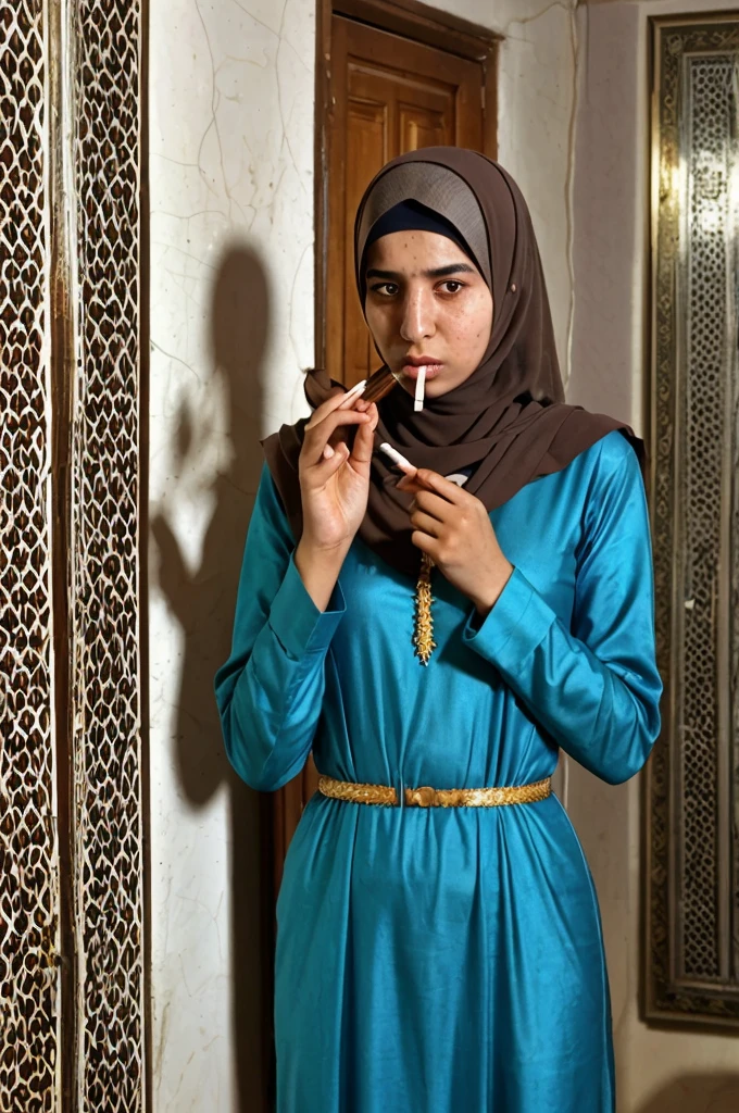 Kurdish girl in straight hijab standing in room smoking cigarette holding cigarette 