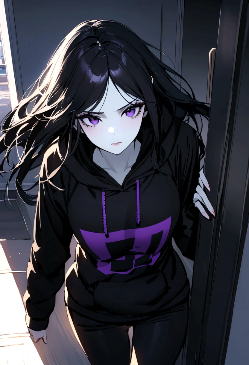 Anime boy big hair falling in the black eye,purples eyes, feminine appearance,black cross earrings, Piercing in the corner of the lip, black choker,black and purple hooded sweatshirt with belly showing, long black gloves,black shorts with a purple stripe on each side short, black band on the thigh,knee-high socks and black and purple Solo sneakers, femboy big ass and thick thighs, Bblack hair,