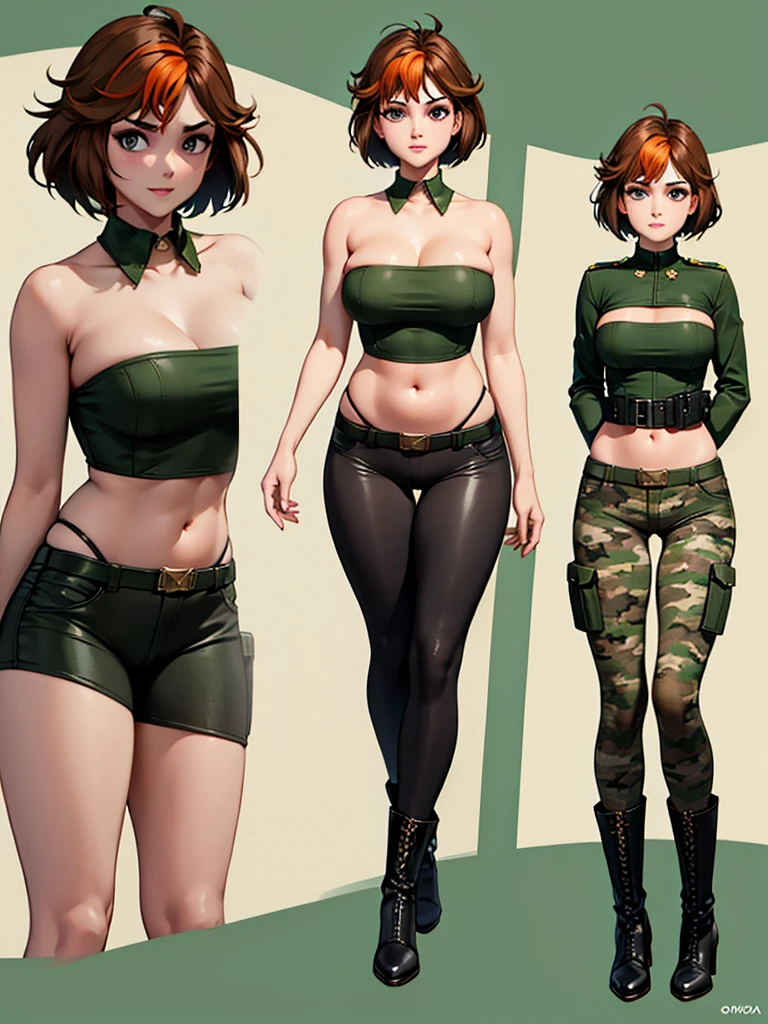merula, full body, thighs, boots high heels, solo girl, medium tits, military camouflage pants, belly, top strapless, cameltoe