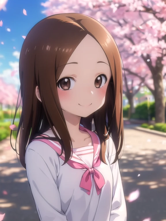 masterpiece, best quality,1girl,takagi1,overexposure, bokeh, depth of field, atmospheric lighting, outdoors, light particles, glow, shiny, sky, light rays, sunlight,-- blush, smile,, looking at viewer, tree, cherry blossoms, petals, turning head,
