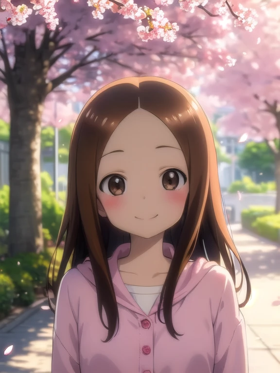 masterpiece, best quality,1girl,takagi1,overexposure, bokeh, depth of field, atmospheric lighting, outdoors, light particles, glow, shiny, sky, light rays, sunlight,-- blush, smile,, looking at viewer, tree, cherry blossoms, petals, turning head,