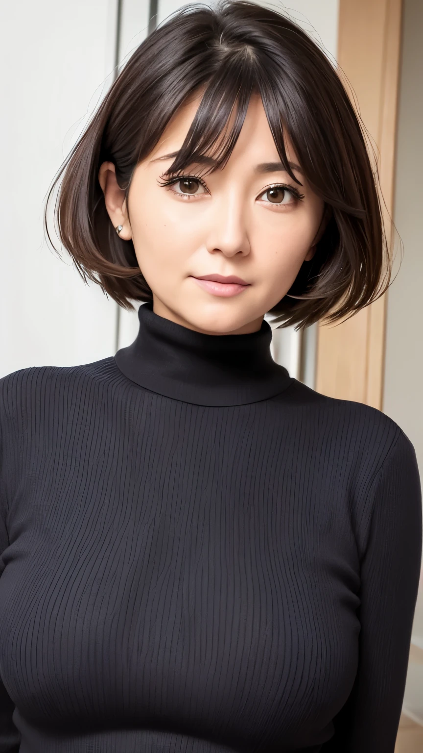 muste piece, best quality, High resolution, photoreaslistic, detailed face,front view,beautiful middle aged woman, face forward,body facing front,Symmetrical,upper body,medium hair, short hair,beautiful woman, turtleneck,Inspired by Masami Nakazawa、Inspired by Haruka Ayase