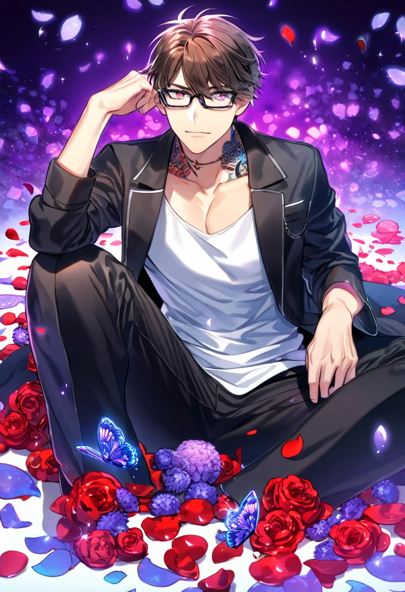 Ultra detailed, Highres, absurdres, HDR, Miyuki Kazuya, brown hair, expressive amber eyes, black glasses, black coat with patterns, Diamond No Ace, white shirt, fantasy, glittering purple butterflies, petals, handsome, sexy man, solo, very detailed eyes and face, master piece, toned chest, glittering, purple flowers, sitting, tattoo on his neck, black pants, purple background