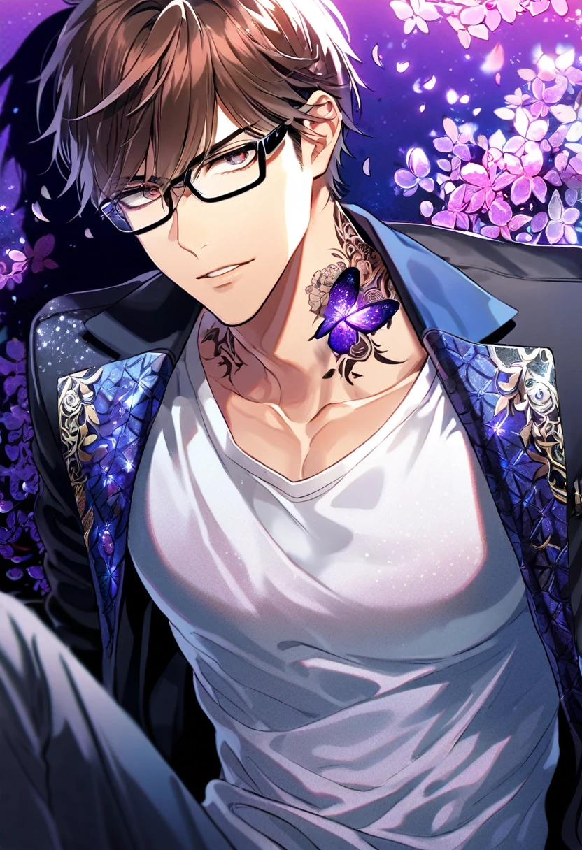 Ultra detailed, Highres, absurdres, HDR, Kougami Shinya, black hair, expressive gray eyes, black coat with patterns, Psycho Pass, white shirt, fantasy, glittering purple butterflies, petals, handsome, sexy man, solo, very detailed eyes and face, master piece, toned chest, glittering, purple flowers, sitting, tattoo on his neck, black pants, purple background