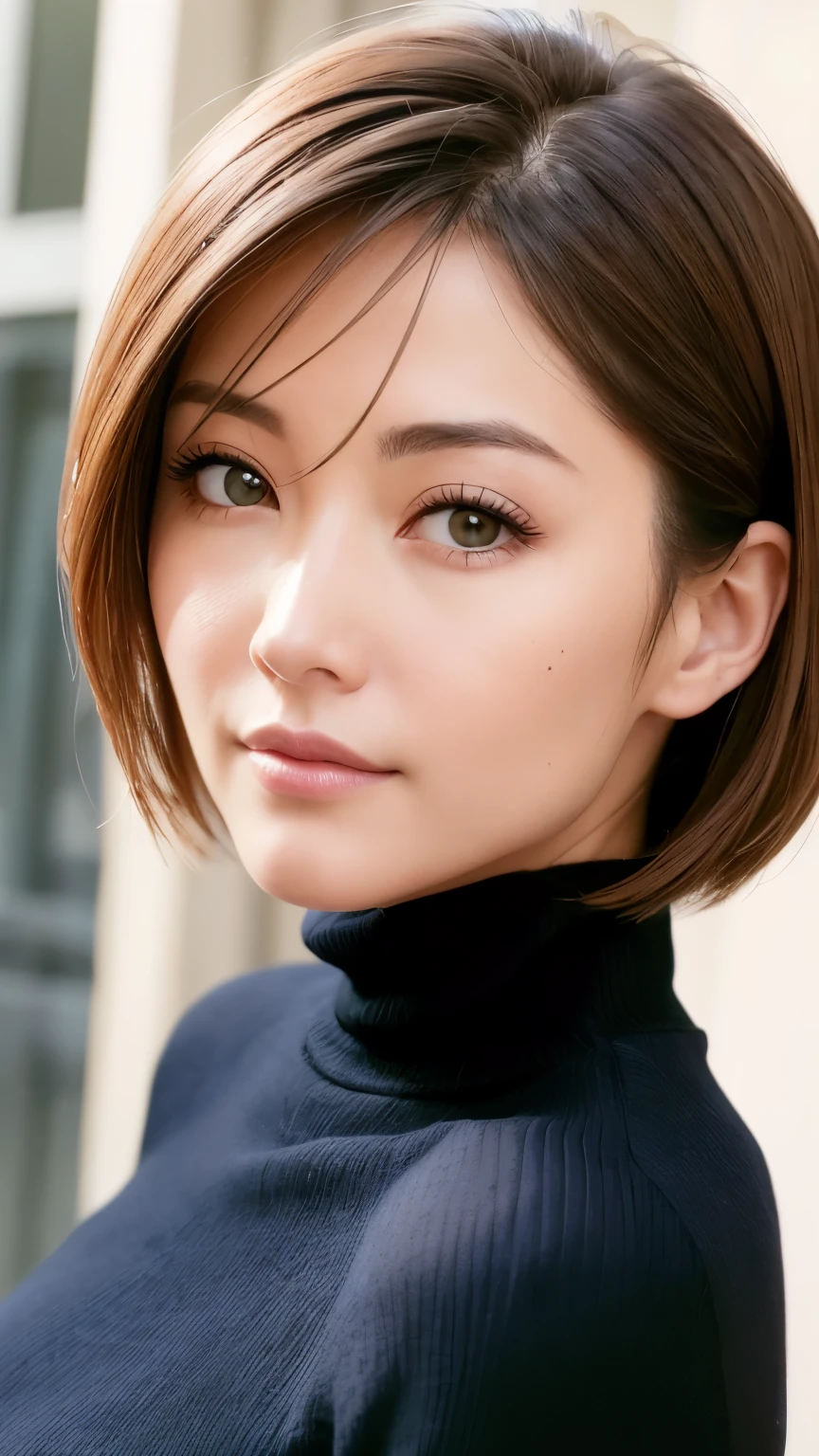 muste piece, best quality, High resolution, photoreaslistic, detailed face,front view,beautiful middle aged woman, face forward,body facing front,Symmetrical,upper body,medium hair, short hair,beautiful woman, turtleneck,Inspired by Masami Nakazawa、Inspired by Haruka Ayase