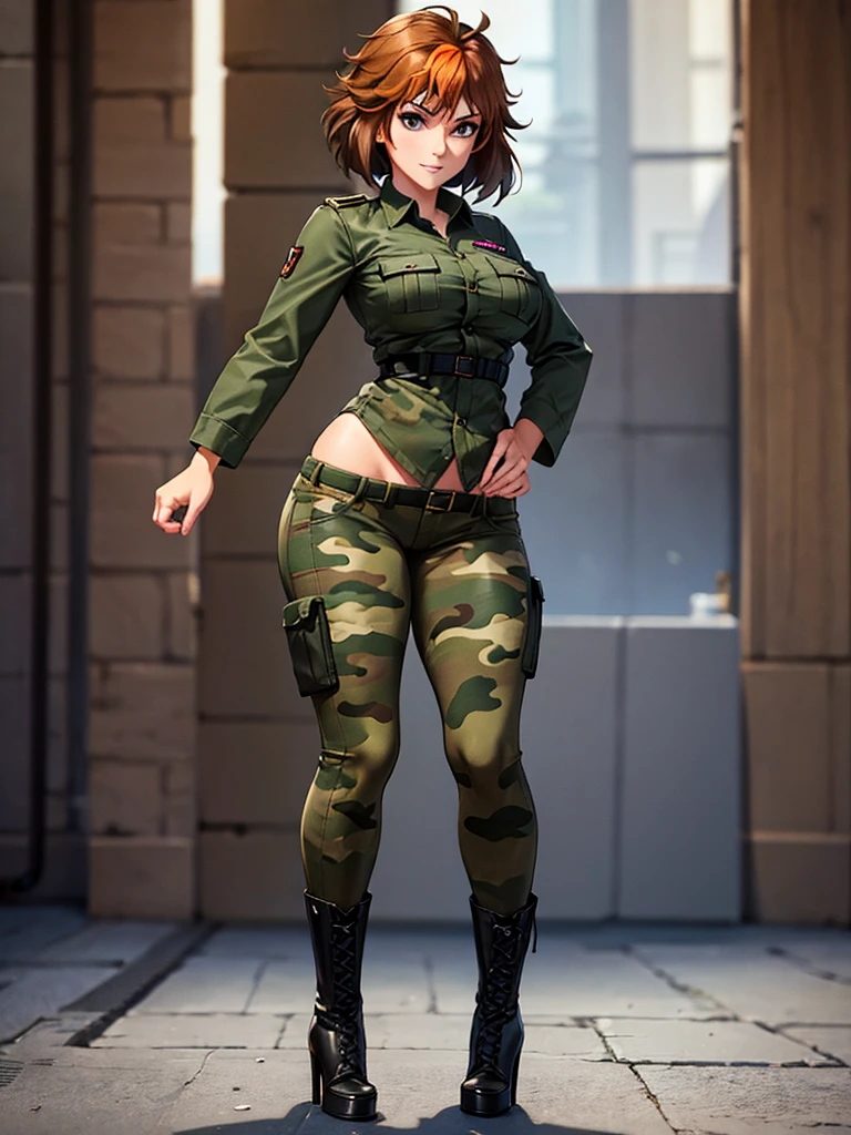 merula, full body, thighs, boots high heels, solo girl, medium tits, military camouflage pants, belly, nude tits