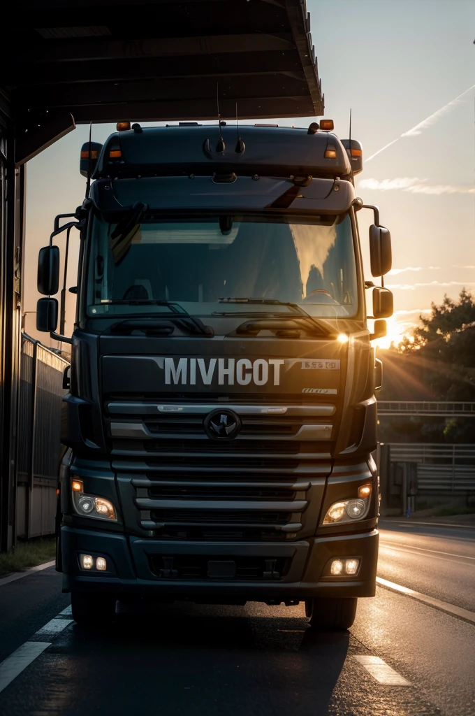 transport truck driving at sunset