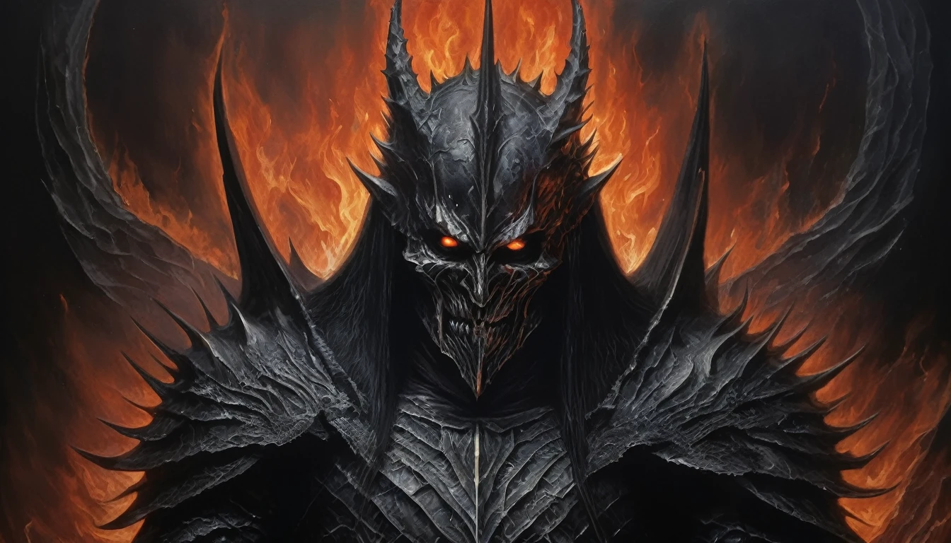 Morgoth from LotR, ClassipeintXL oil painting detailed portrait of the dark ruler Sauron in Mordor, umgeben von Flammen, Symmetrie, teuflisch, Bosheit, Hass, masterpiece, Full HD, high quality