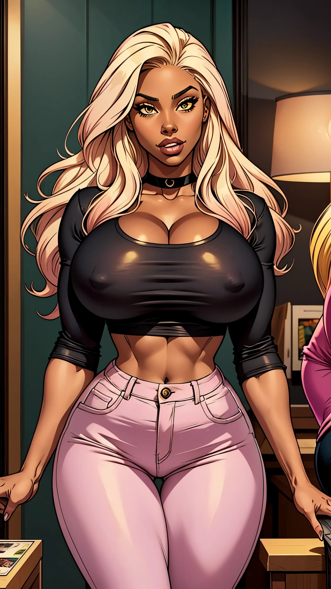 Brazilian ebony girl, dark skin.tight pink jean pants, gray blouse. long straight yellow hair. busty. Most beautiful woman in the world. Comic style. Dark skin