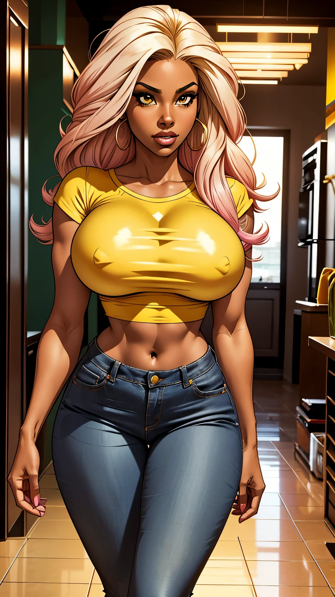 Brazilian ebony girl, dark skin.tight pink jean pants, gray blouse. long straight yellow hair. busty. Most beautiful woman in the world. Comic style. Dark skin