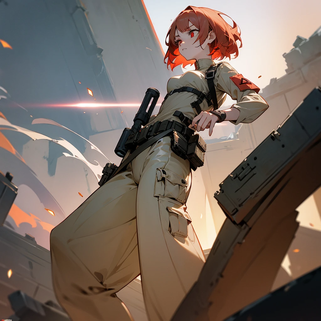 1female, adult, finely detailed red eyes, wavy short hair, pale cream hair, bikni top, baggy army combat pants, standing on ruined building, night time, serious expression