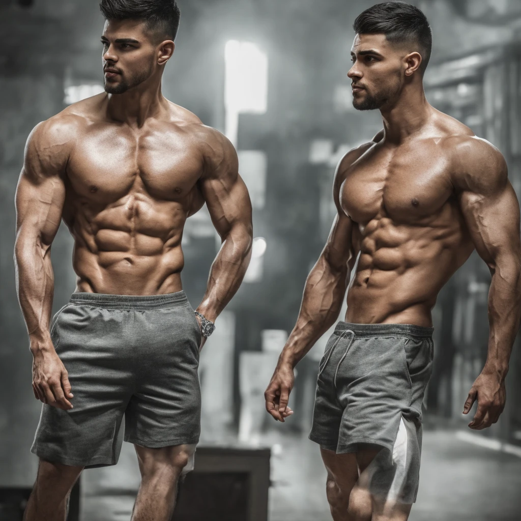 a boy with low fade haircut, muscular body, standing in darkness, wearing only shorts, left side facing camera, dramatic lighting, realistic, cinematic, (best quality,4k,8k,highres,masterpiece:1.2),ultra-detailed,(realistic,photorealistic,photo-realistic:1.37),dramatic lighting,chiaroscuro,moody atmosphere,cinematic composition,hyper detailed skin and muscles,intricate details