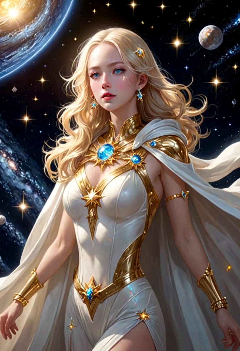 (masterpiece、Highest quality、High resolution、8k)、Alone in space、Beautiful Goddess、Standing posture、(whole body)、White cloak、No sleeve、Gold Bracelet、Blonde Hair、Beautiful Blue Eyes、Graceful operation、Professional Lighting、(Floating in space like a star)、(光がwhole bodyを包んでいる)、The universe is full of light、The Universe is Infinite、Countless stars and nebulae、