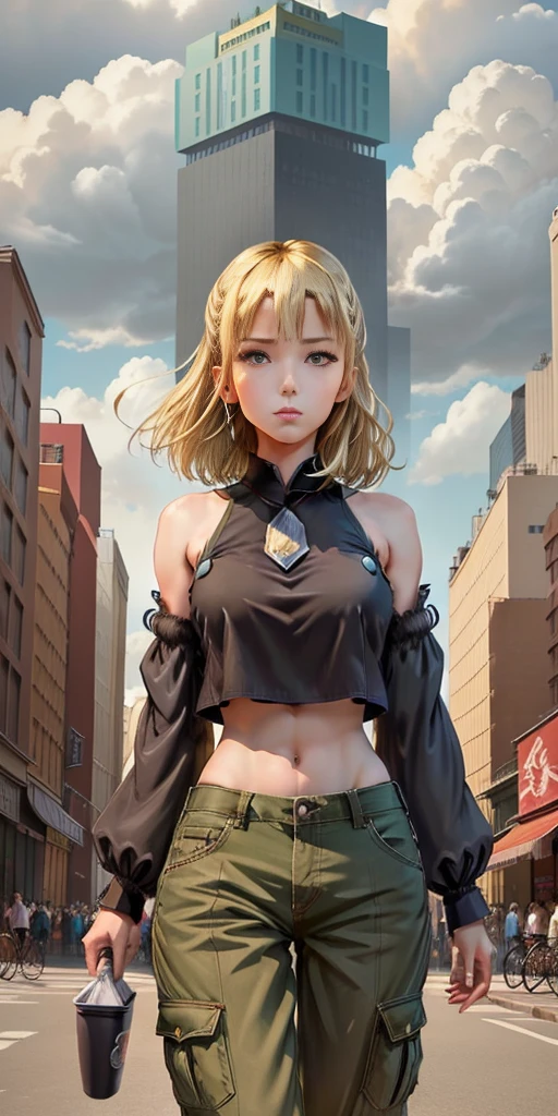 "A tall giant with a cool, relaxed hippie look in a crop top and baggy pants.. Her toned physique suggests her great strength.. She appears to be taking a leisurely stroll through the bustling streets of GTS City., Towering buildings overhead. Smoke and clouds swirling around her, Enhance the grand scale and drama. 照明がdark, dark, Realistic, Create a tense and ominous atmosphere. (((Perspective from the bottom))), Emphasizing the majesty and power of giants.",Short blonde hair、（Black Hair Ribbon：0.4）、Green Eyes、((masterpiece)),(((Highest quality))), ((Super detailed)),Nanase Nanami,