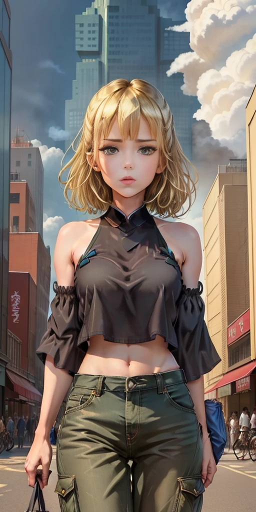 "A tall giant with a cool, relaxed hippie look in a crop top and baggy pants.. Her toned physique suggests her great strength.. She appears to be taking a leisurely stroll through the bustling streets of GTS City., Towering buildings overhead. Smoke and clouds swirling around her, Enhance the grand scale and drama. 照明がdark, dark, Realistic, Create a tense and ominous atmosphere. (((Perspective from the bottom))), Emphasizing the majesty and power of giants.",Short blonde hair、（Black Hair Ribbon：0.4）、Green Eyes、((masterpiece)),(((Highest quality))), ((Super detailed)),Nanase Nanami,