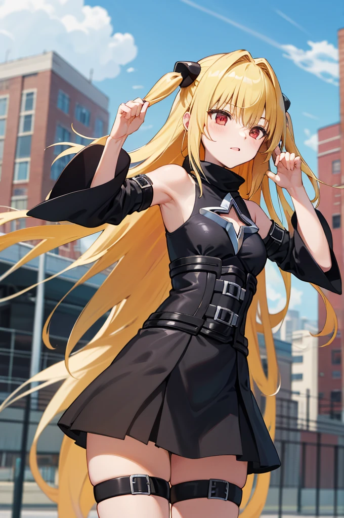 masterpiece, best quality, highres, aayami, very long hair, two side up, hair ornament, bare shoulders, black dress, clothing cutout, detached sleeves, belt, thigh strap, standing, cowboy shot, outdoors, building,