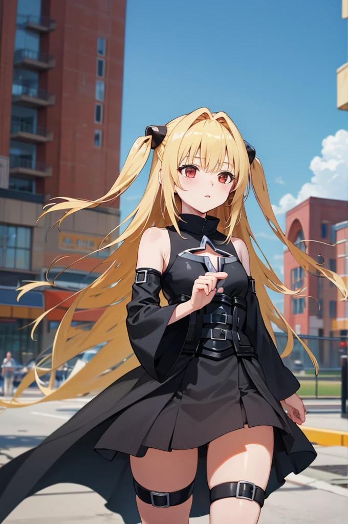 masterpiece, best quality, highres, aayami, very long hair, two side up, hair ornament, bare shoulders, black dress, clothing cutout, detached sleeves, belt, thigh strap, standing, cowboy shot, outdoors, building,