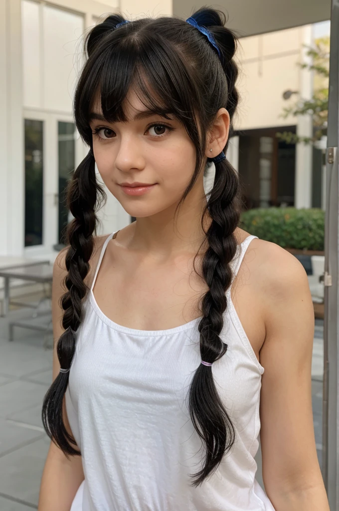 a girl with black pigtails with bangs