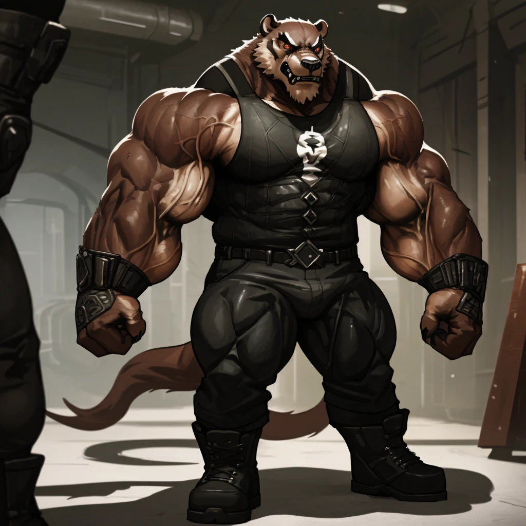 a huge muscular old grizzly bear, bane from batman, extremely detailed, hyper realistic, 8k, photorealistic, ultra detailed, extremely sharp focus, intricate details, cinematic lighting, dramatic shadows, powerful presence, mask, fierce expression, veins popping, huge muscles, black tank top, black tight pants, boots, venom tank tube, thick fur, sharp claws, intense eyes