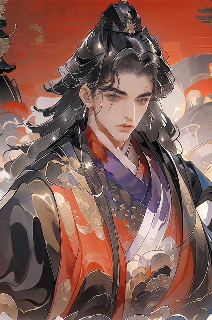 a man in a black robe, young and handsome man, ponytail, long hair, ancient Chinese clothing, qi, a huge saber, ancient Chinese buildings in the background, night, powerful character, purple rays, a beautiful landscape. Detailed face, thick eyebrows, black eyes, thin lips, 8k, robe embroidered with gold edges, detailed clothing, xianxia, ​​world of cultivation.