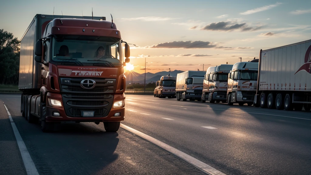 transport truck driving at sunset