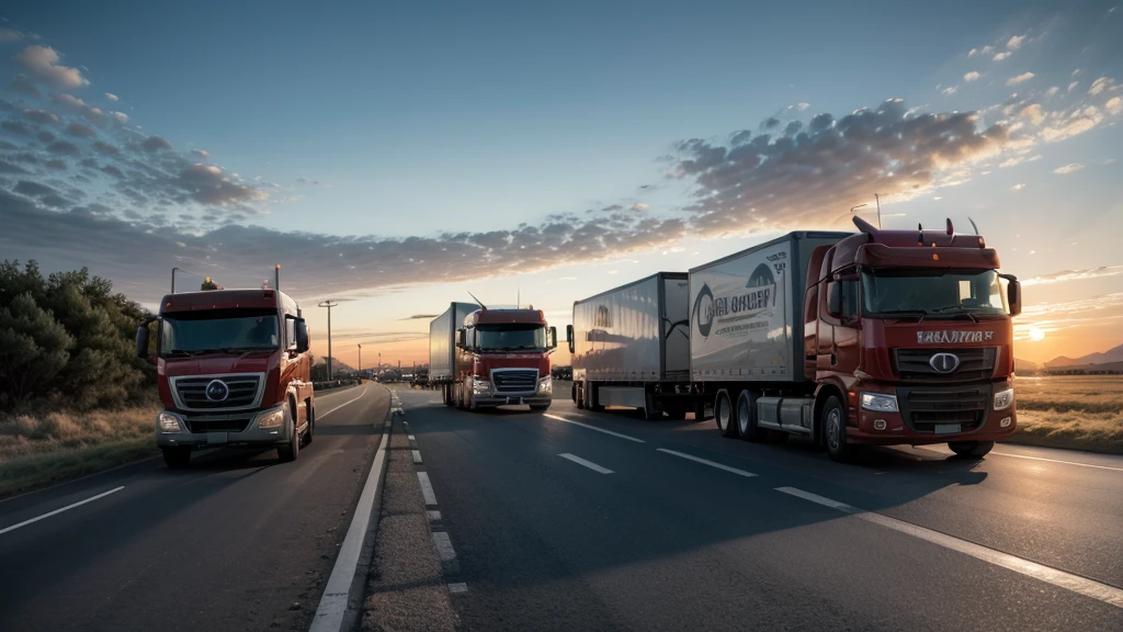 transport truck driving at sunset