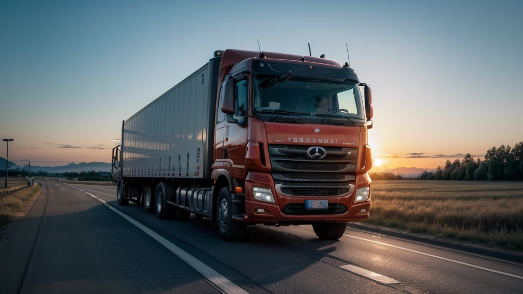 transport truck driving at sunset