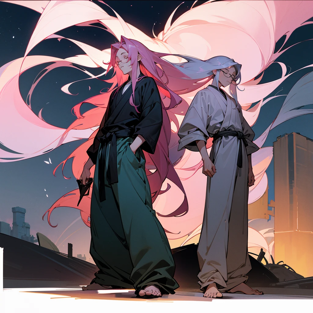 1male, adult, closed eyes, wild long hair, rose quartz hair color, loose haori, baggy pants, standing on ruined building, night time, somber expression, muscular, scars, glasses