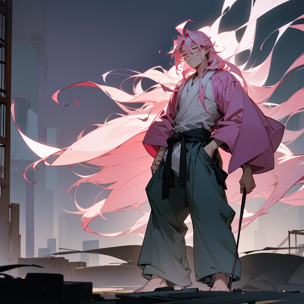 1male, adult, closed eyes, wild long hair, rose quartz hair color, loose haori, baggy pants, standing on ruined building, night time, somber expression, muscular, scars, glasses
