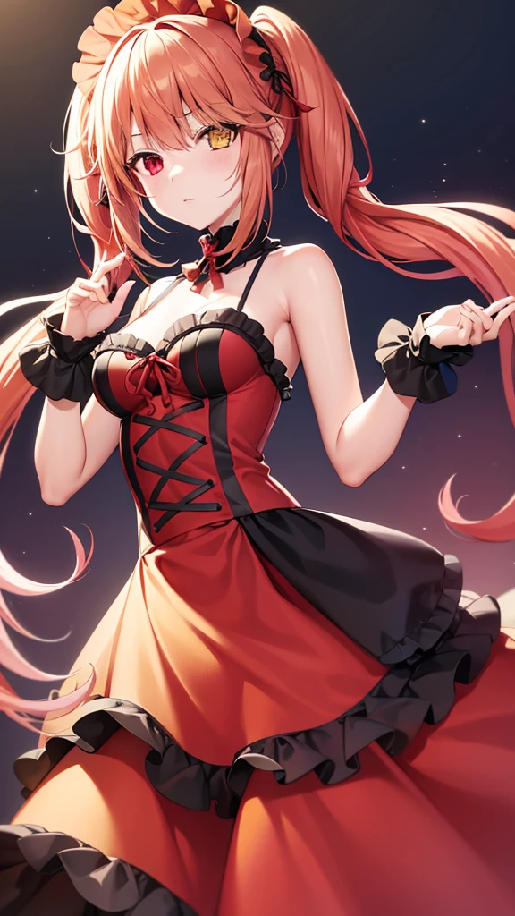8k,Super Detailed Game CG, (High resolution:1.1),(Absurd:1.1), Highest quality, 超High resolution, 最High resolution, Very detailed, One Girl, KurumiBase, (Clock Eye), Heterochromia iridis, (Red eyes:1.2), (Yellow Eyes:1.5), (((Long twin tails))), hair band, Red dress, Frills, Removable sleeves, Frillsチョーク, Show Viewer, alone, Pretending to be embarrassed, Upload to TikTok