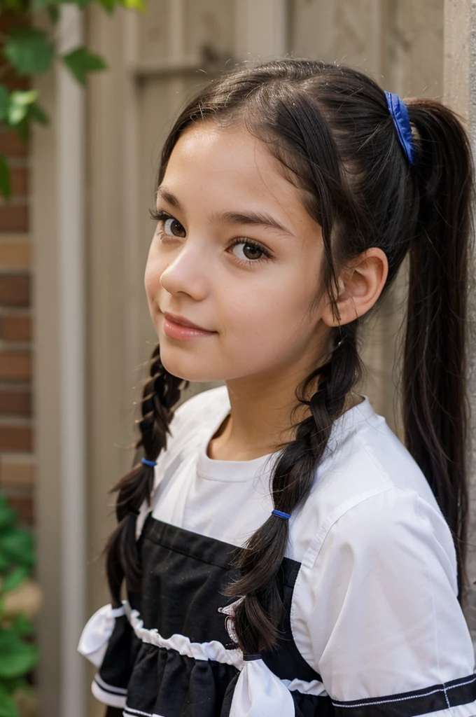 A girl scout with medium length black hair, children's pigtails hair, Caucasian facial structure, a beautiful smile on her face and a deep look, marked nipples, marked pussy, she in a dark alley,