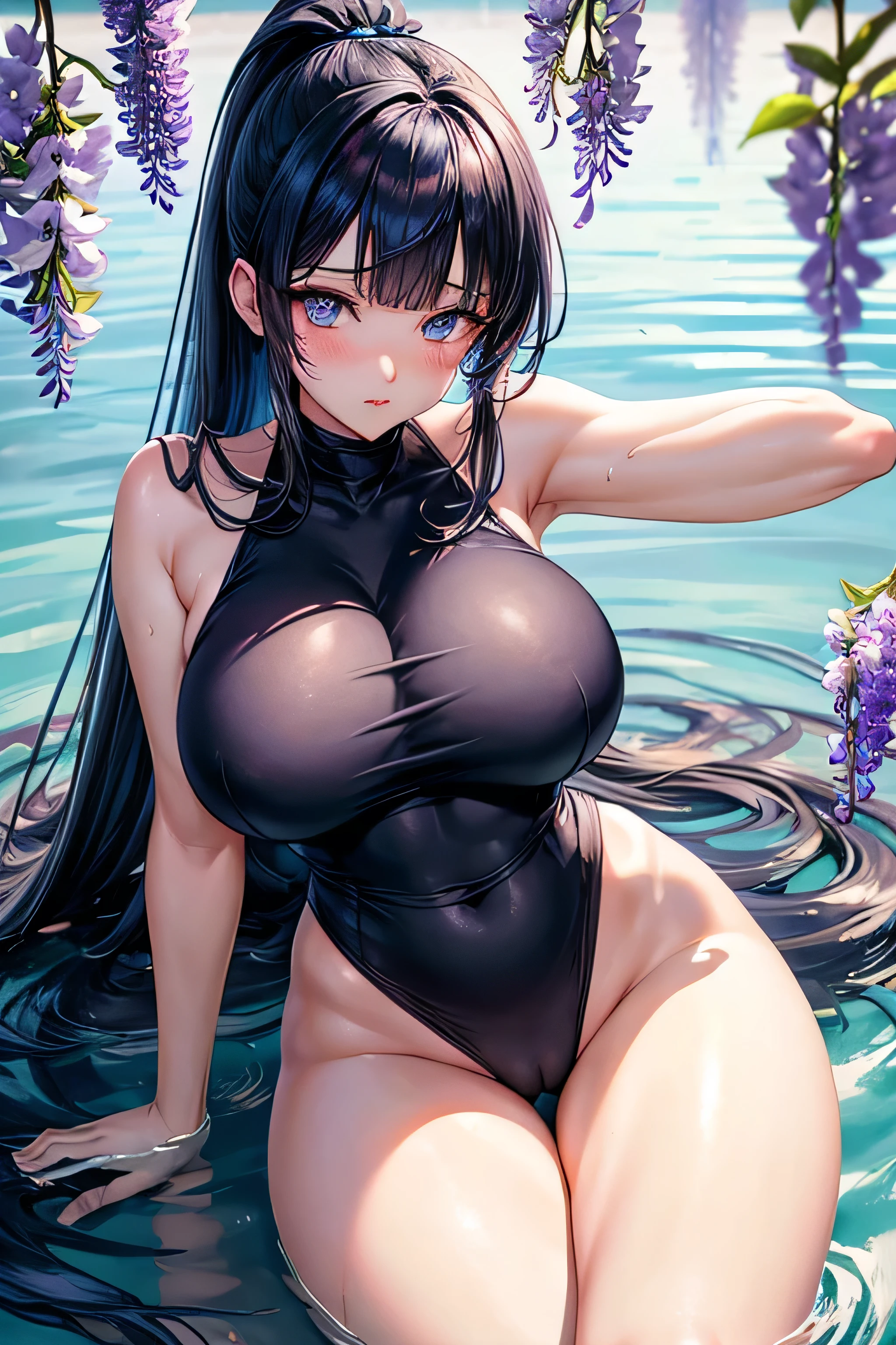 (Very detailed, Highest quality, Anatomically perfect body), One girl, Anime Girls, dark blue hair,ponytail,long hair,blunt bangs, dark blue eyes,heart shaped pupils,[[pale skin]],Glowing Skin, Large Breasts,beautiful breasts,pointy breasts,(Big Ass),(My lower abdomen is bloated),(Urge to urinate),sweat,Sailor suit,Wisteria flower,(water),(Rub your thighs together:1.3), Leaning forward,