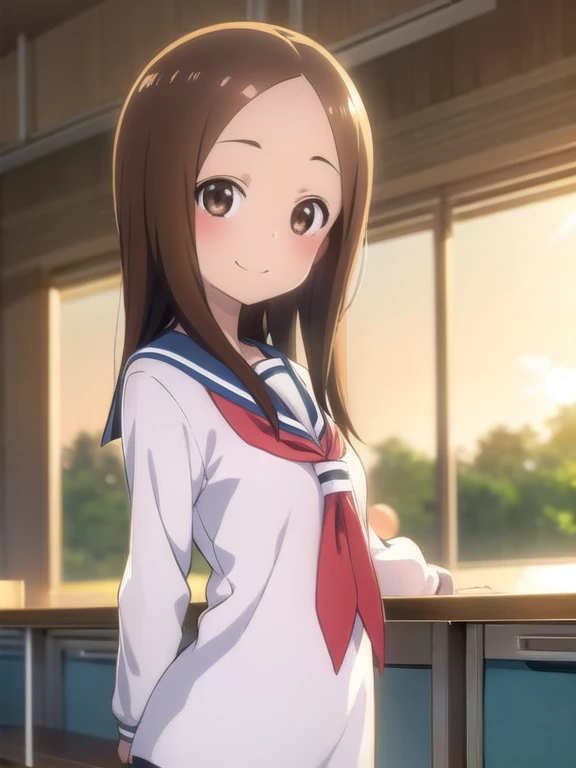 masterpiece, best quality,1girl,takagi1,overexposure, bokeh, depth of field, atmospheric lighting, outdoors, light particles, glow, shiny, sky, light rays, sunlight,,morning,from left side,classroom,desk,
 ,summer sailor uniform,,PovSideClass,smile,happy,looking up,put one's cheeks on one's cheeks