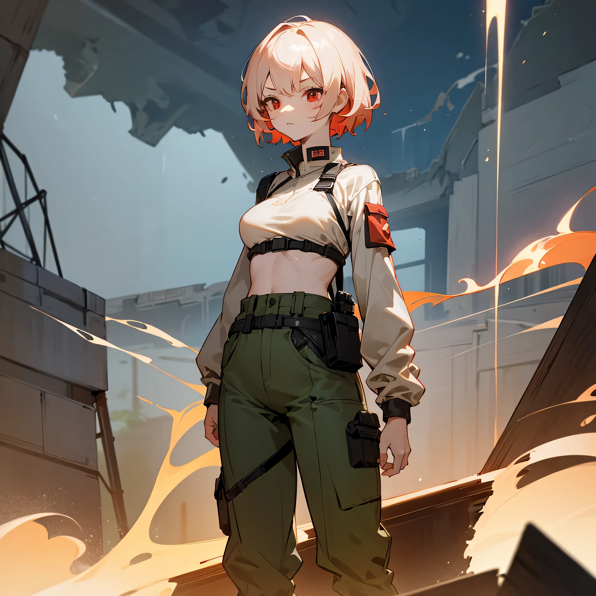 1female, adult, finely detailed red eyes, wavy short hair, pale cream hair, bikni top, baggy army combat pants, standing on ruined building, night time, serious expression