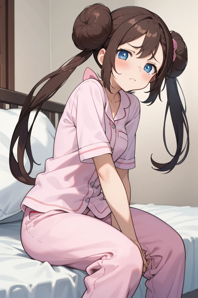 masterpiece,best quality,1girl,ro1,hair bun,blue eyes,twintails,pink pajamas,bedroom,sleepy,light frown,