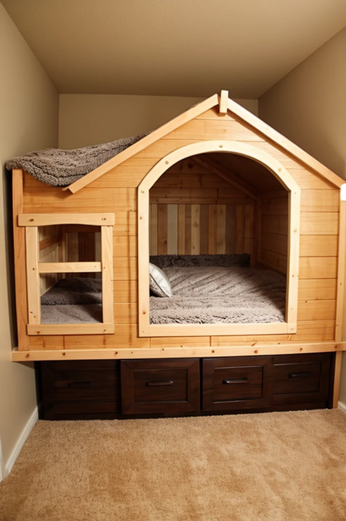 a fancy bedroom with a cat playhouse