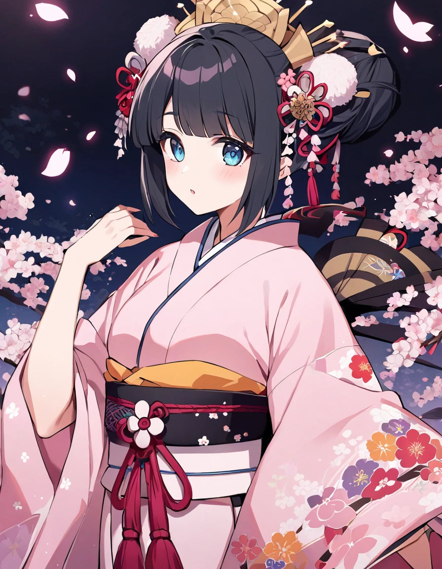 Crie uma imagem de uma princesa japonesa bonita de 21 anos. She must have straight black hair tied in a traditional Japanese bun, adorned with various traditional Japanese accessories. Her eyes are blue and she is wearing a traditional feminine pink dress.'It's a kimono.. The scene takes place in a Sakura forest in full bloom..