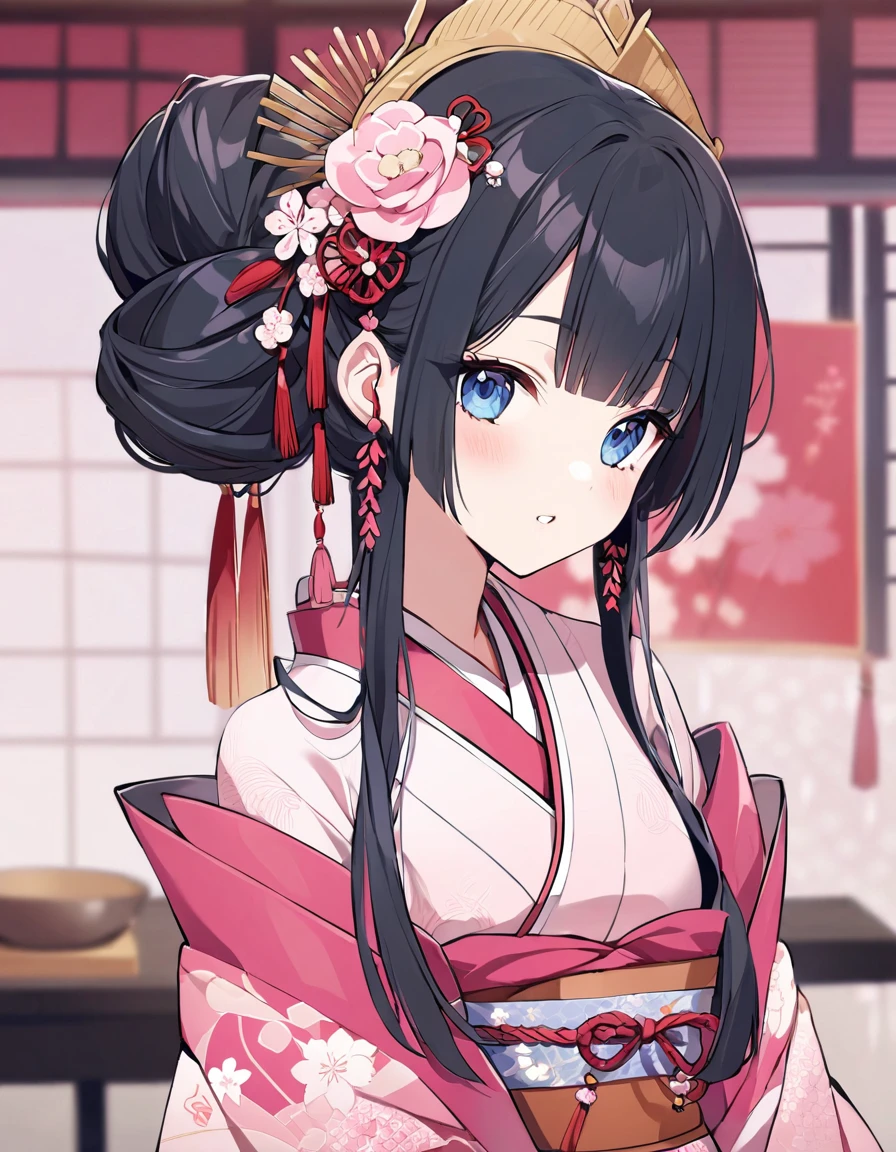 Crie uma imagem de uma princesa japonesa bonita de 21 anos. She must have straight black hair tied in a traditional Japanese bun, adorned with various traditional Japanese accessories. Her eyes are blue and she is wearing a traditional feminine pink dress.&#39;It&#39;s a kimono.. The scene takes place in a Sakura forest in full bloom..